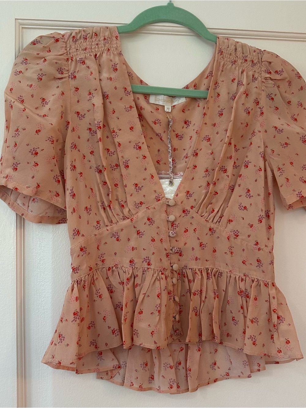 Love Shack Fancy Steph Top Silk Sardinia Button Down Peplum XS
